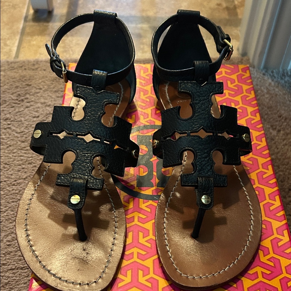 Tory Burch black leather sandals, size 8 1/2.